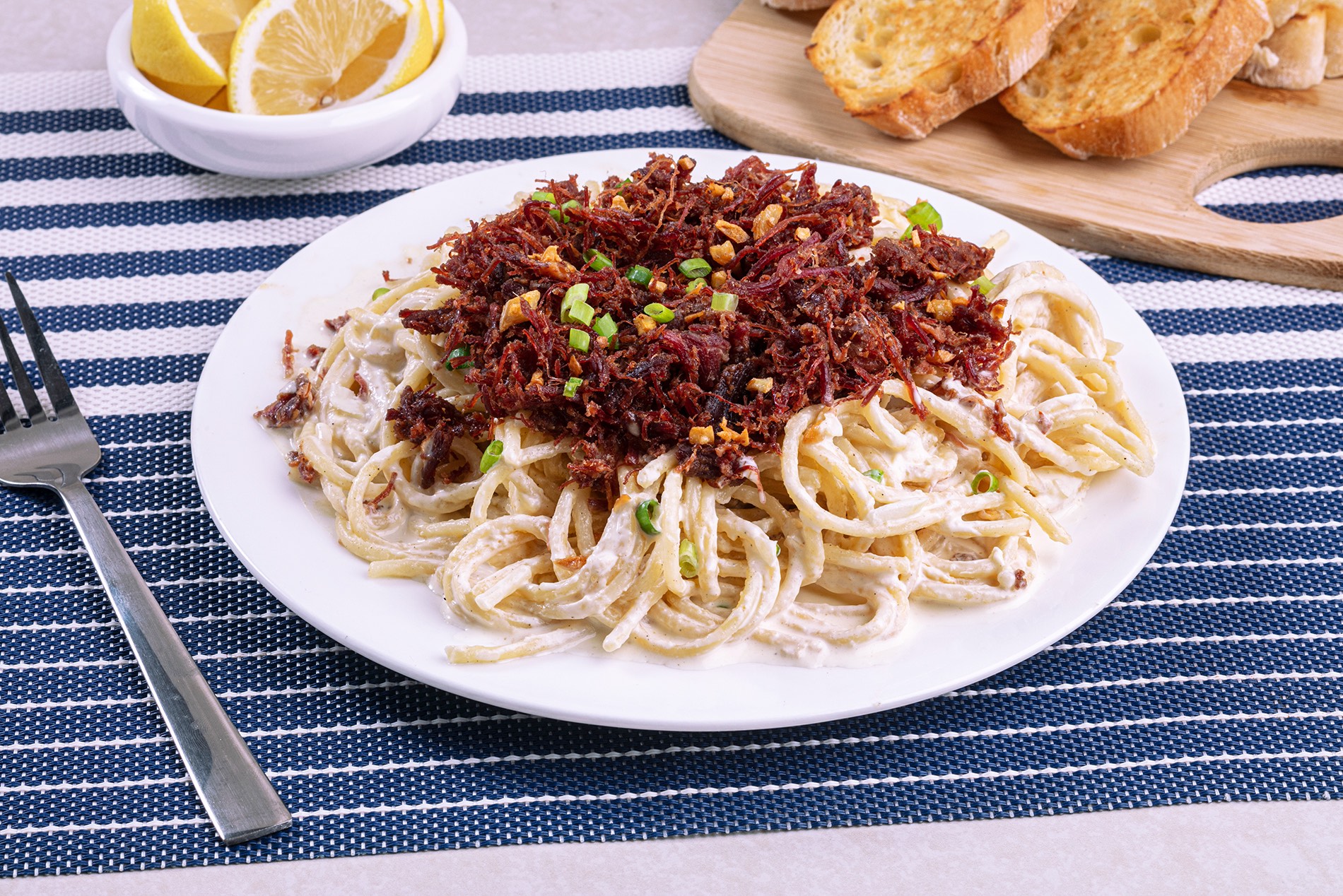 Creamy Spaghetti with Crispy Corned Beef