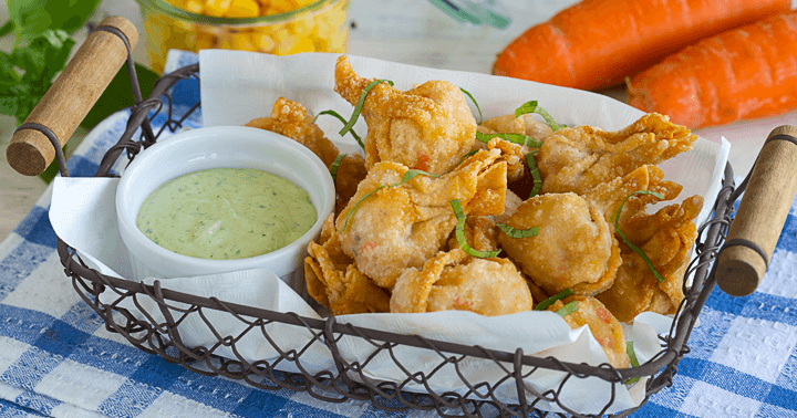 Fried Veggie Wontons in Basil Parmesan Cream